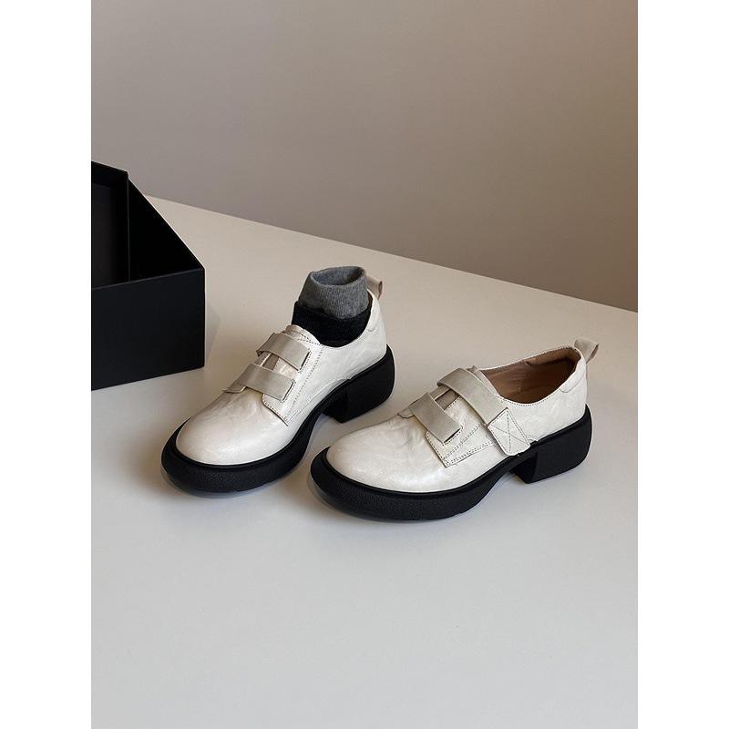 Sheepskin Version~ British Style Platform Velcro Loafers Women's One-pedal Leather Comfortable Thick Heel Silent Small Leather Shoes