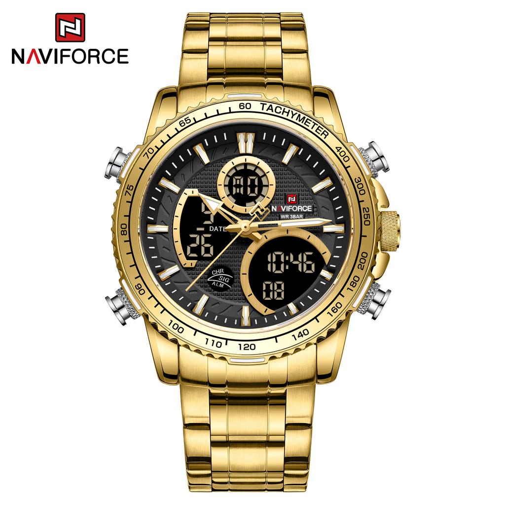 NAVIFORCE 9182 Montre à Quartz pour Homme d'Affaires Montre Numérique LED Lumineuse Montre de Luxe à Double Affichage pour Homme Acier Inoxydable Reloj