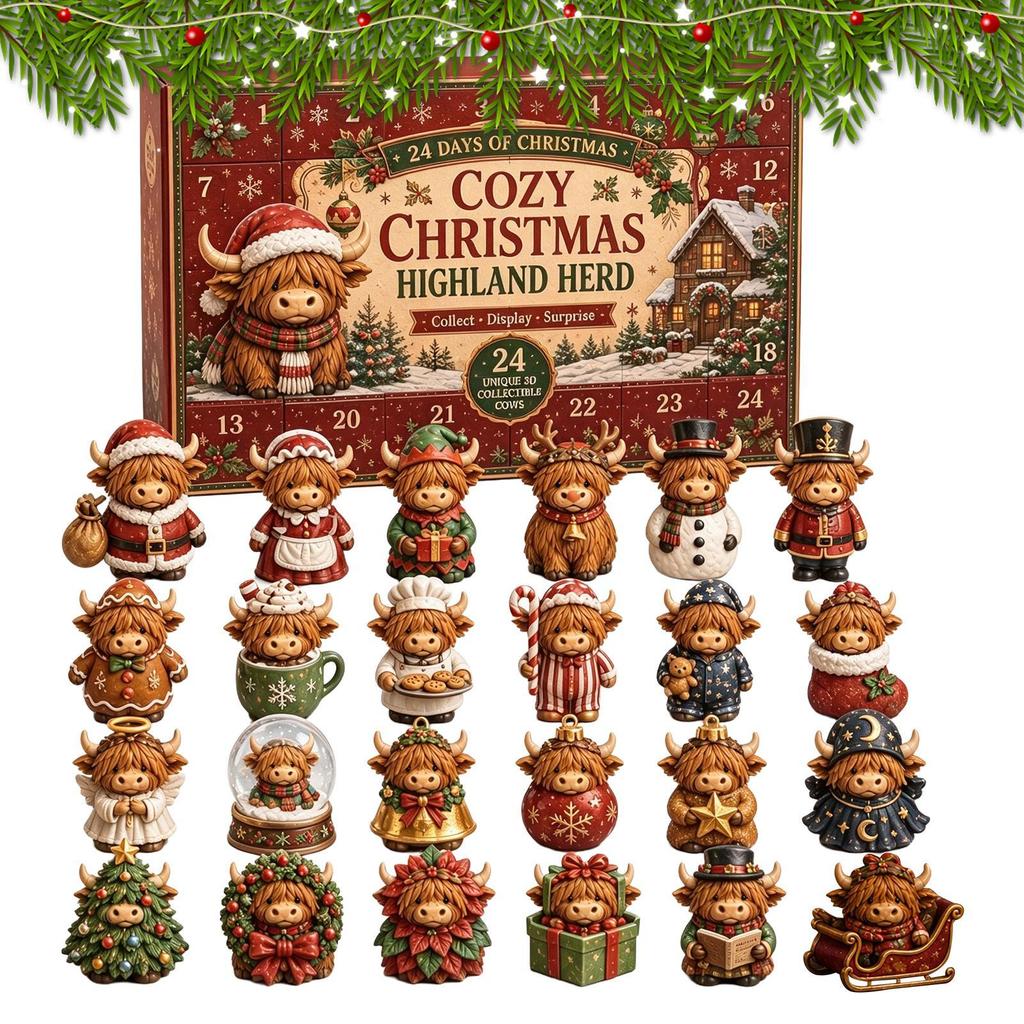 2026 Cute Highland Cow Advent Calendar 24 Days Christmas Countdown Mini Highland Cow Figurine Christmas Gift Navidad Home Decor