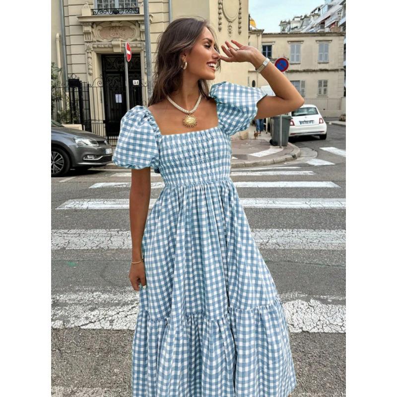 

New summer plaid square neck bubble sleeve waist medium and long dress S светло-синий