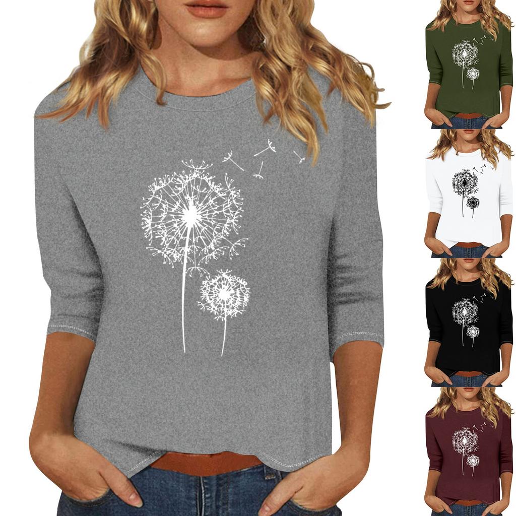 Women's Fashion Casual Round Neck 3/4 Sleeve Loose Printed T-Shirt Ladies Top