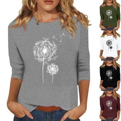Women's Fashion Casual Round Neck 3/4 Sleeve Loose  Printed T-Shirt Ladies Top