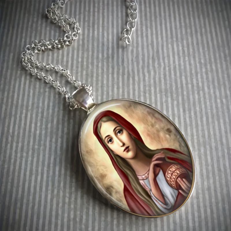 A Christian Virgin Mary Pendant Necklace, Faith, Hope, Love Jewelry, Religious Gifts for Women, Time Gemstone Necklace Pendant