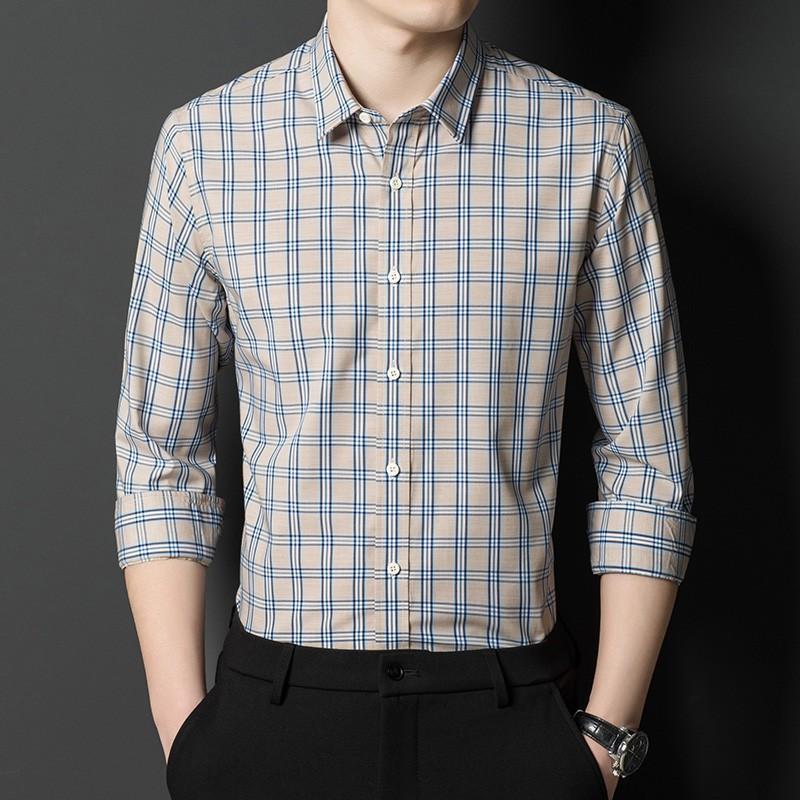 Spring New Style Young and Middle-aged Men's Lapel Shirt Casual Square Plaid Loose Large Size Breathable Shirt