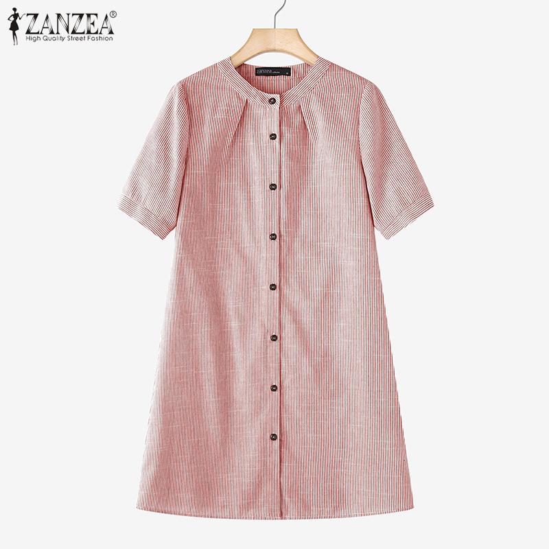 ZANZEA Women Round Neck Short Sleeve Striped Casual Shirts Dress