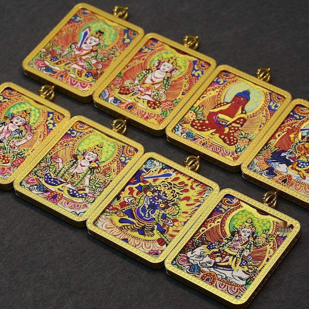 Gold-Painted Tibetan Thangka Pendant with Eight Guardian Deities in Zhakiram Mahakala Gau Design