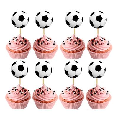 24pcs/pack Boys Favors Football Theme Cake Topper Happy Birthday Party Soccer Cupcake Toppers with Sticks Decorate Cake Toper
