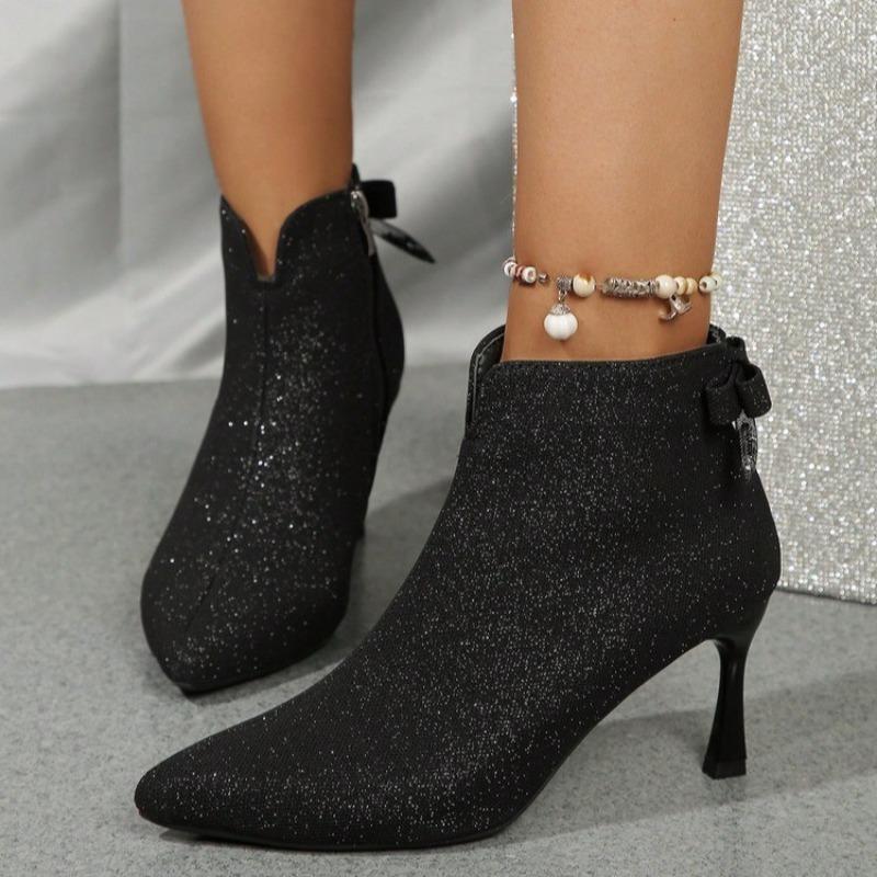 

Модные туфли-лодочки на высоком каблуке с бантом Женские блестящие короткие ботинки Модные туфли с острым носком Удобная обувь 2025 Зима Новые Элегантные ботильоны челси Туфли 42 чёрный