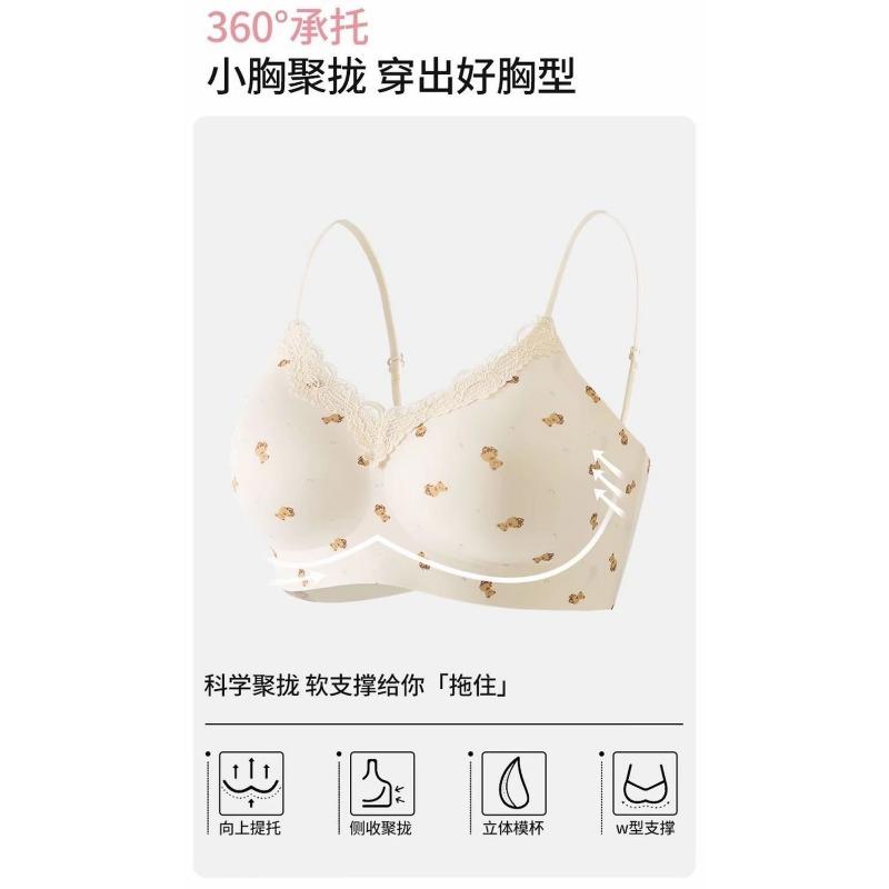 Pink Cute Lace Wireless Fixed Cup Bra For Small Chest Push Up