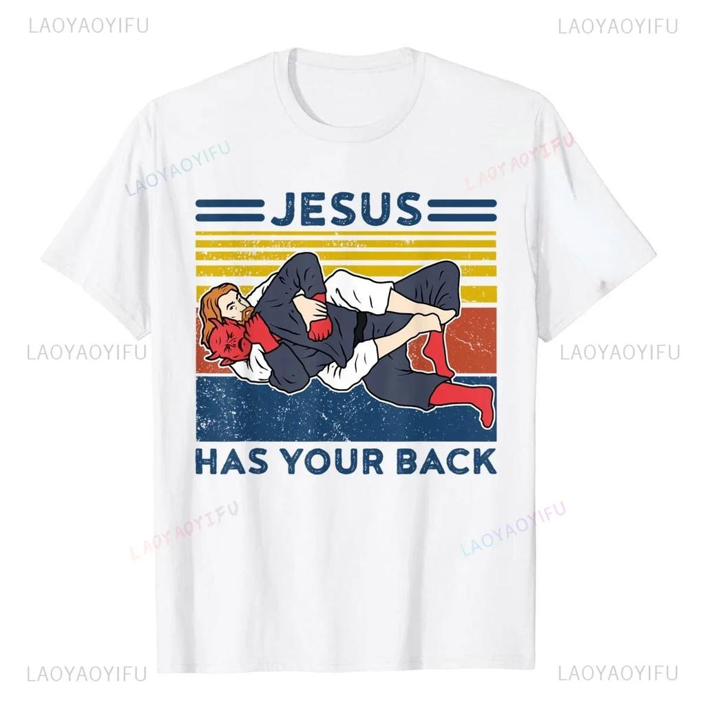 New Men's Jesus Has Your Back Graphic T-shirt Judo Jujitsu Street Cotton Tees Tops Harajuku Pattern Short Sleeve Retro T-shirt