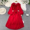 Light and Mature Style Retro Temperament Bubble Long-sleeved Lapel Waist Thin Word Chiffon Dress Elegant Big Swing Dress