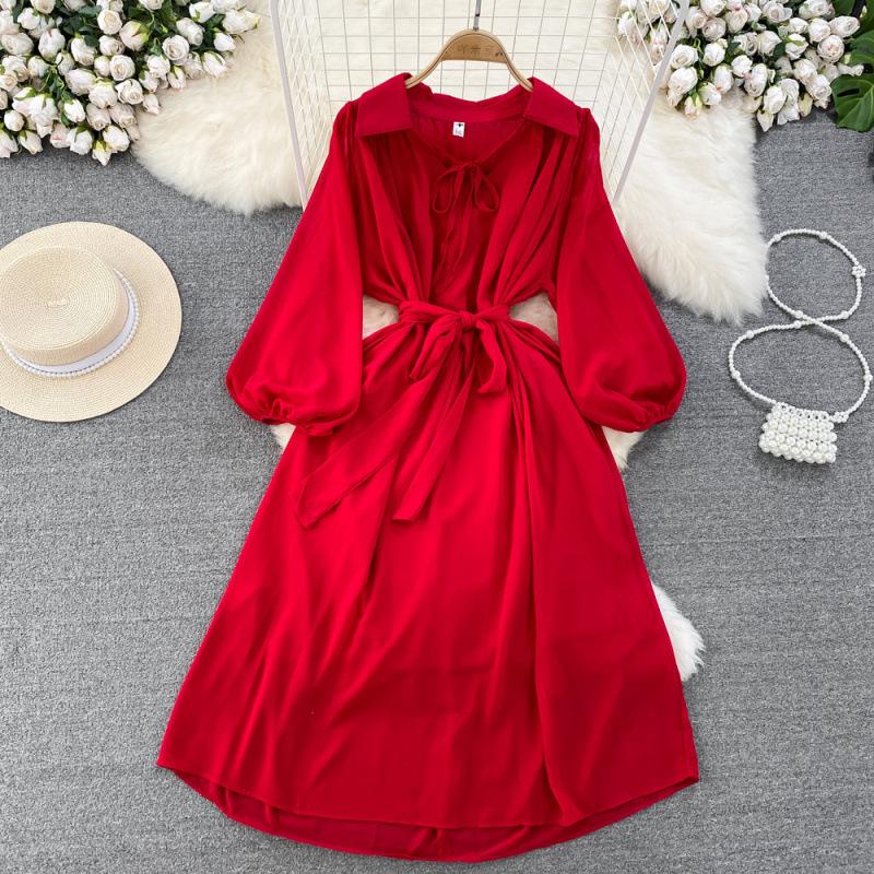 Light and Mature Style Retro Temperament Bubble Long-sleeved Lapel Waist Thin Word Chiffon Dress Elegant Big Swing Dress