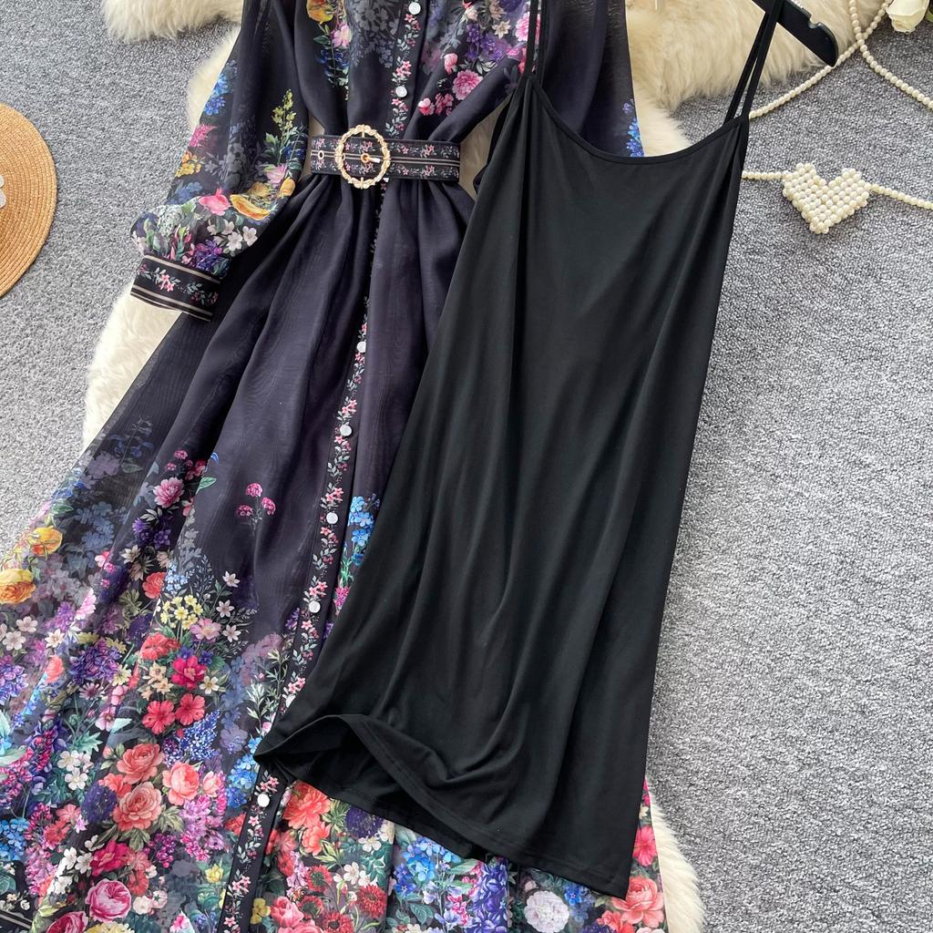 Vintage Black Floral Printted Maxi Dress Long Chiffon Sleeve Elegant Spring Palace Print Single-breasted Shirt Dress with Belt