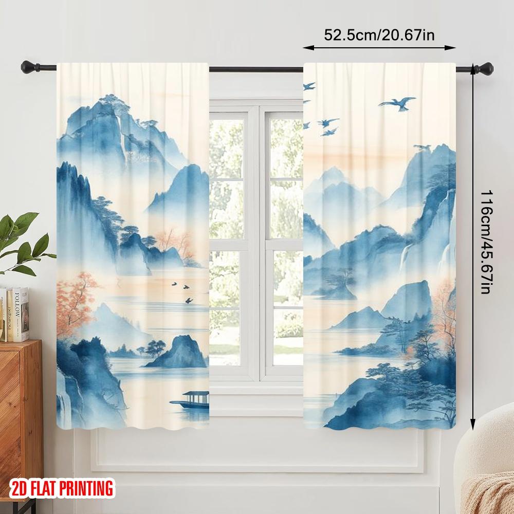 2pcs,2D Plane Printing Light Filtering Curtains Tranquil Landscape 100% Polyester (without Rod) All Seasons for Bedroom &