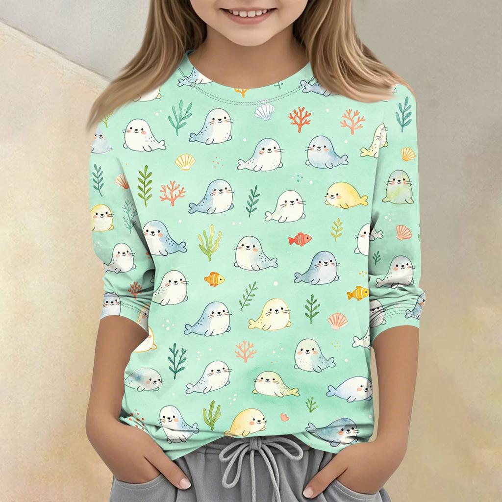 Kids Animal Print Crew Neck Three Quarter Sleeve Casual T Shirt Soft Comfortable Fabric Lightweight Breathable Design for Everyday Wear