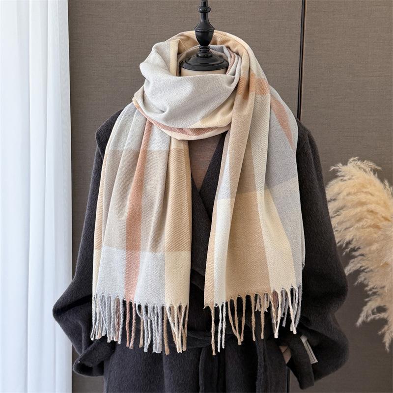 Korean version of literary and artistic plaid, warm in autumn and winter, cold scarf shawl, commuting versatile couple tassel imitation cashmere scarf