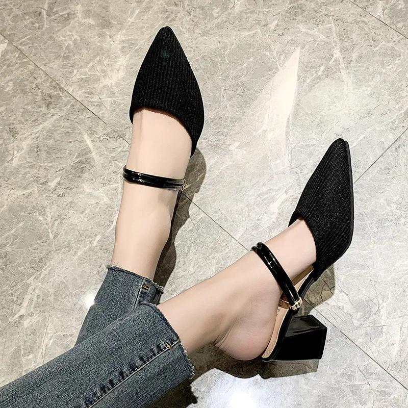 2024 New Women's Sandals Summer Pointed Square Root Sandals Outdoor Leisure Baotou Dual-use Solid Color Sandals Women Slippers