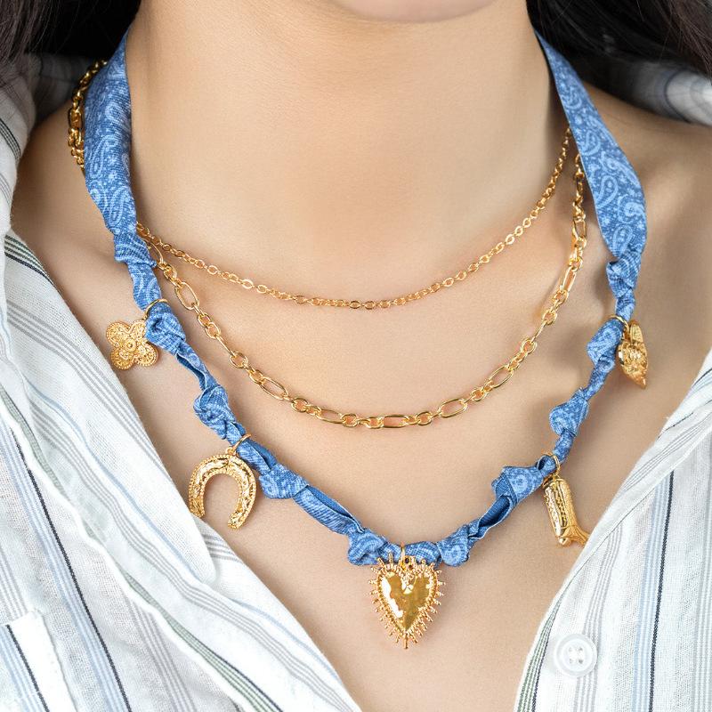 Stainless Steel Necklace Love Cross Pendant Silk Scarf Cloth Strip Necklace Electroplated 18K Gold Color Retention