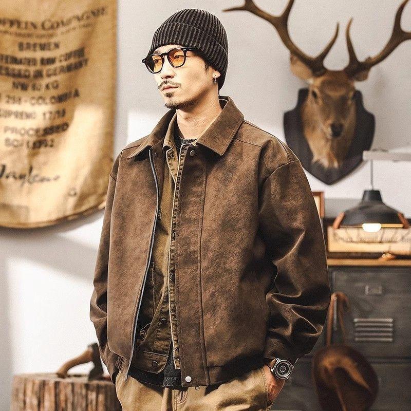 Retro jacket men's spring and autumn trendy brand tough guy tooling men's leather jacket loose locomotive clothing casual leather jacket men