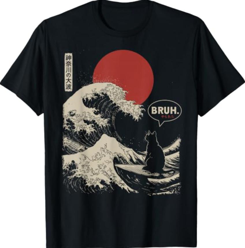 Bruh. The Great Wave Kanagawa Funny Japanese Surfing Cat T-Shirt