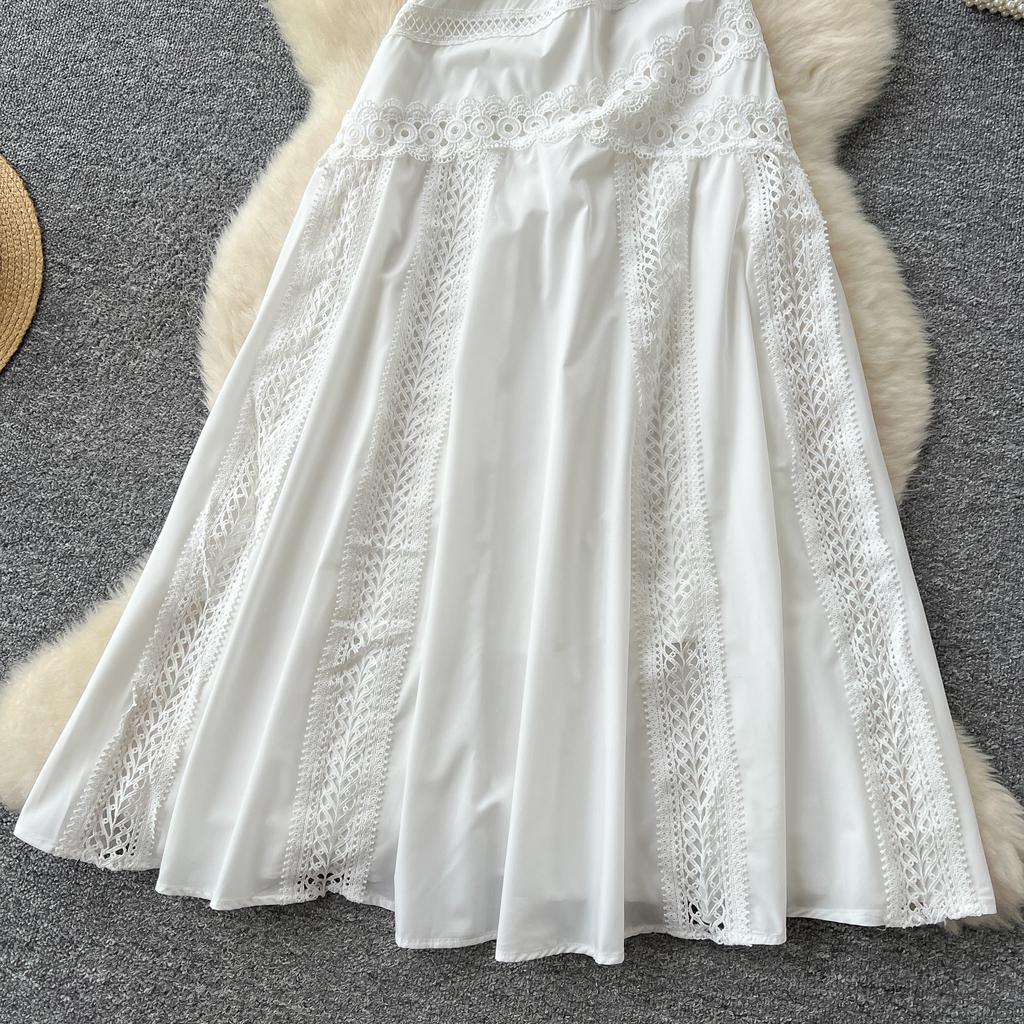 Summer Women Elegant Sleeveless Hollow Out Embroidery Lace Patchwork Long Maxi Slim Party Dresses