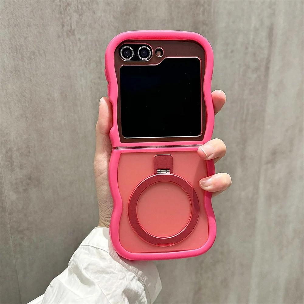 Curly Wavy Frame Translucent 360°Rotated Ring Holder Stand Cover For Samsung Galaxy Z Flip 6 5 4 3 5G For Magsafe Magnetic Case