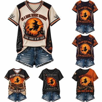 Damski T-shirt z nadrukiem na Halloween, z dekoltem w serek, krótkim rękawem, casualowy top na jesienne imprezy