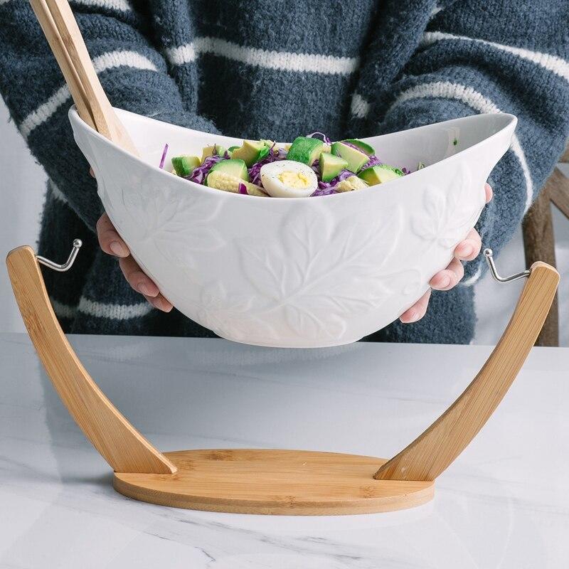 Tiefe Hängende Keramik-Salatschüssel Und Bambus-Salatschüssel Mit Ständer Dekorative Obstschale Mit Löffel | Schüsseln