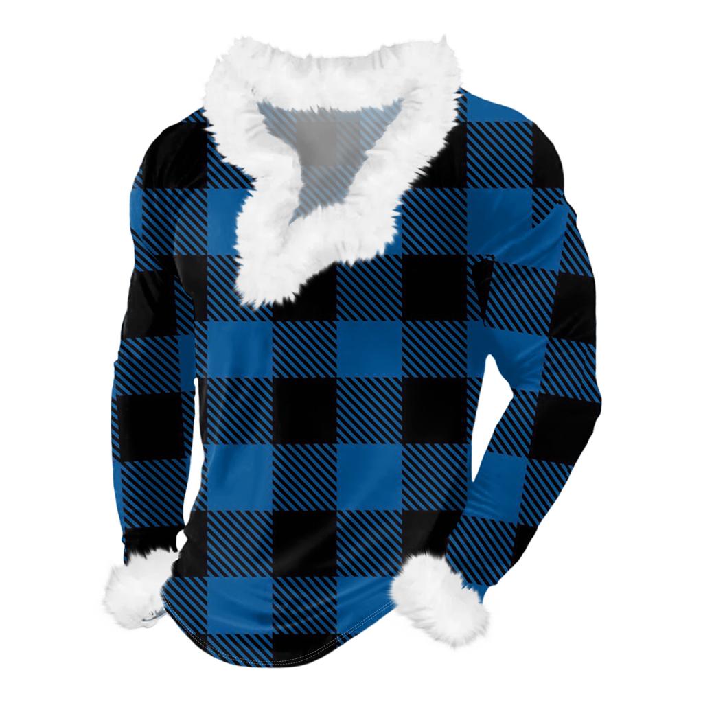 Men's Christmas Printed Fleece Lined Hoodie | Faux Trim Party Sweatshirt With Pocket | Plus Size Loose Fit Holiday Pullover