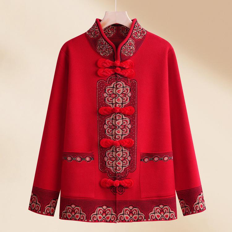 

Mom s Year of Zodiac Spring Wear Red Sweater Jacket Middle-aged and Elderly Female Grandma Wear Spring and Autumn Old Lady Knitted Top XL