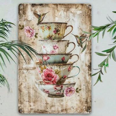 1 Stück Tassenförmiges Vintage-Metallschild - Retro-Blumen- und Kolibri-Design, Dekoration für Zuhause/Café/Garten/Bauernhaus