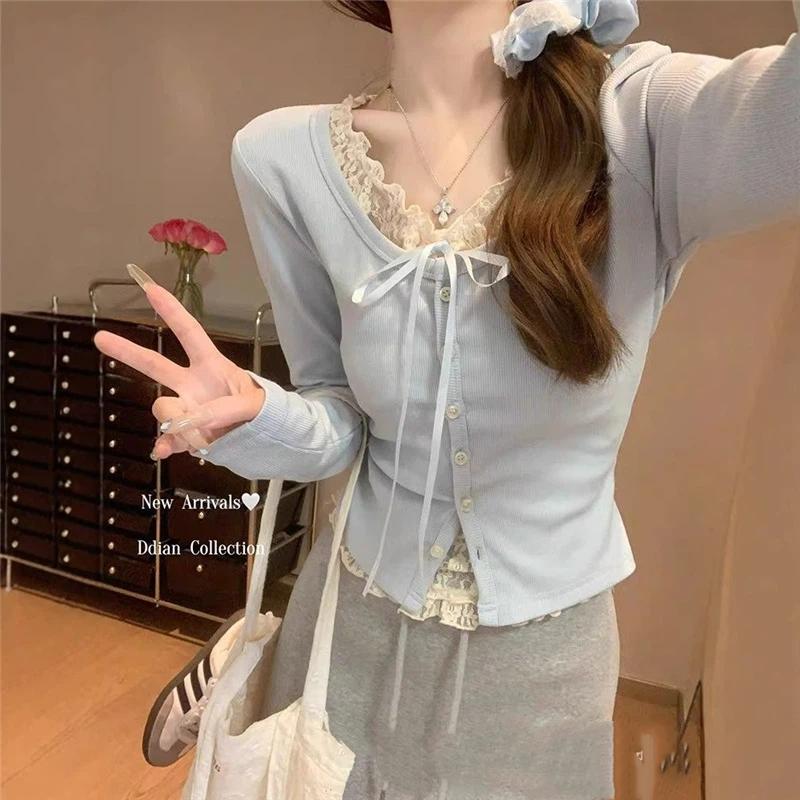 Spitzenbesatz Strickjacke mit Bindeband vorne Slim Fit Knopfleiste Pullover