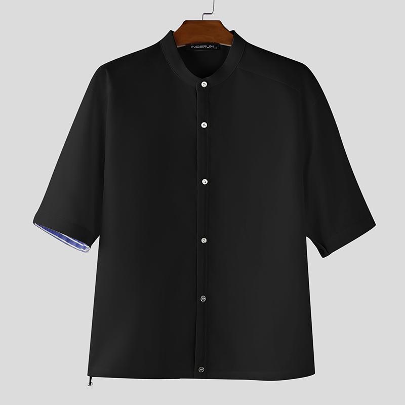 

INCERUN Oversized Men Casual Loose Half Sleeve Striped Patchwork Buttons Up Shirts S чёрный