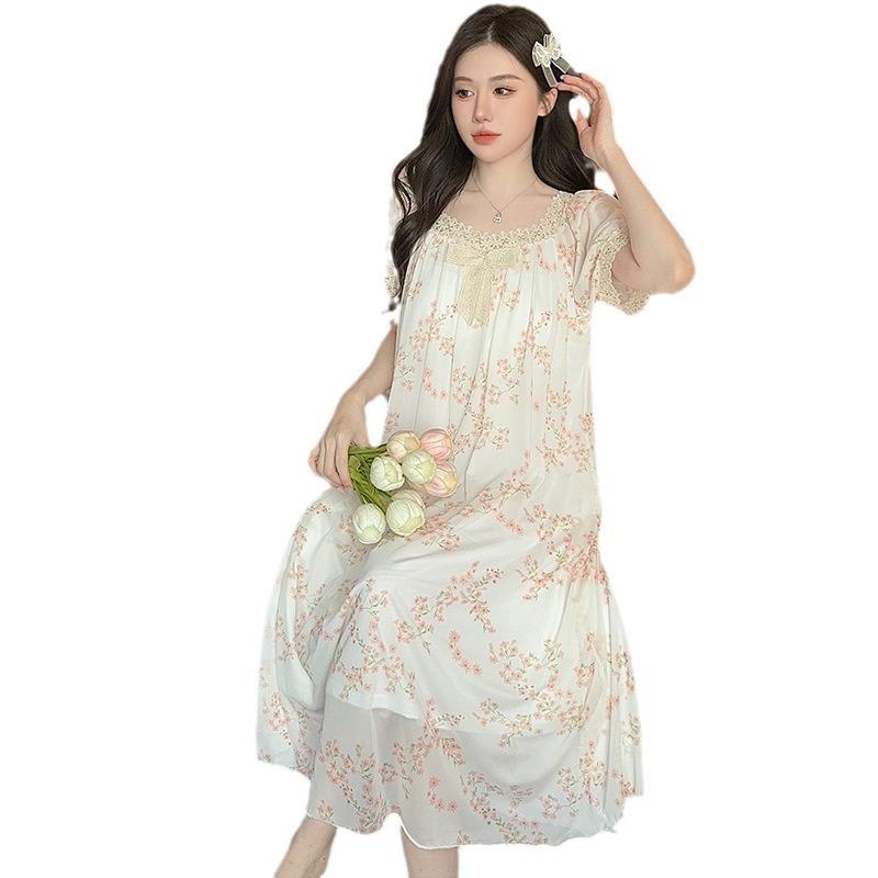Linglei Summer Printed Lace Bow Mesh Court Princess Style Long Nightdress Pajamas Loungewear Women