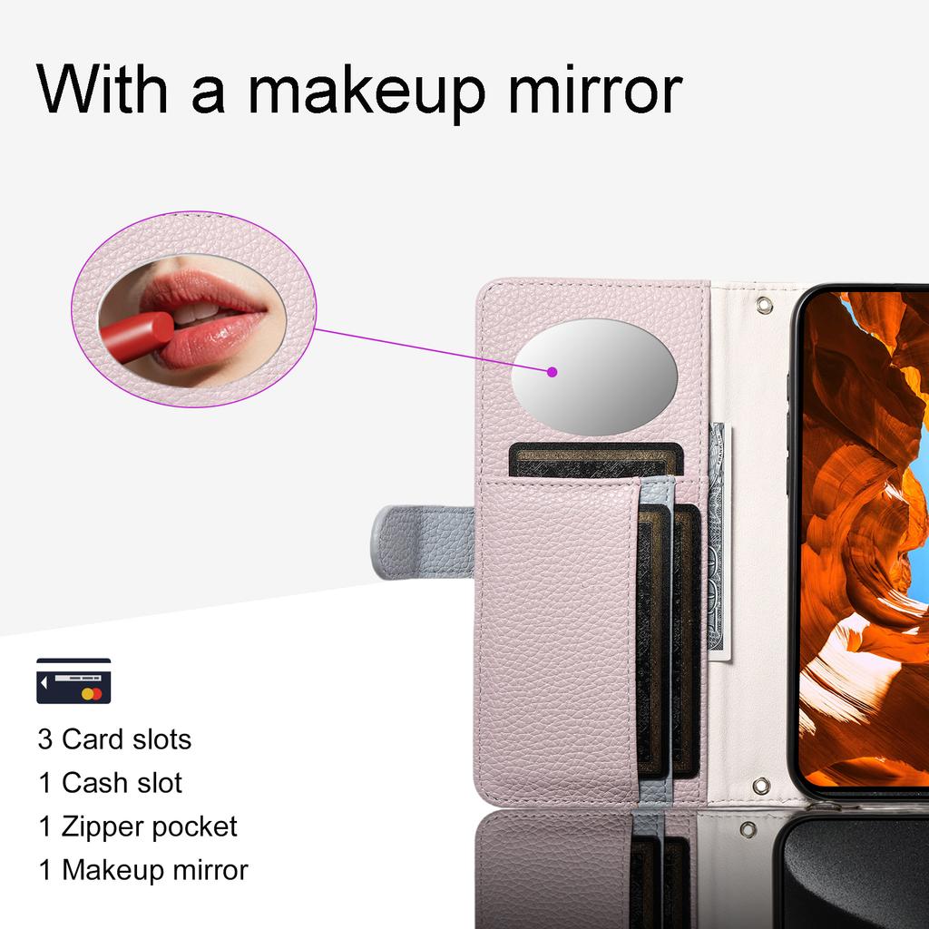 ESEBLE E11 For Samsung Galaxy S25 FE Case Zipper Pocket Litchi Texture Leather Phone Cover with Mirror and Wrist Strap