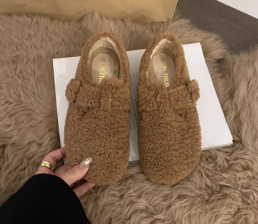 Inner heightening thick-soled lamb wool shoes for women to wear outside in winter, warm and velvet Boken shoes, one pedal, Doudou cotton shoes