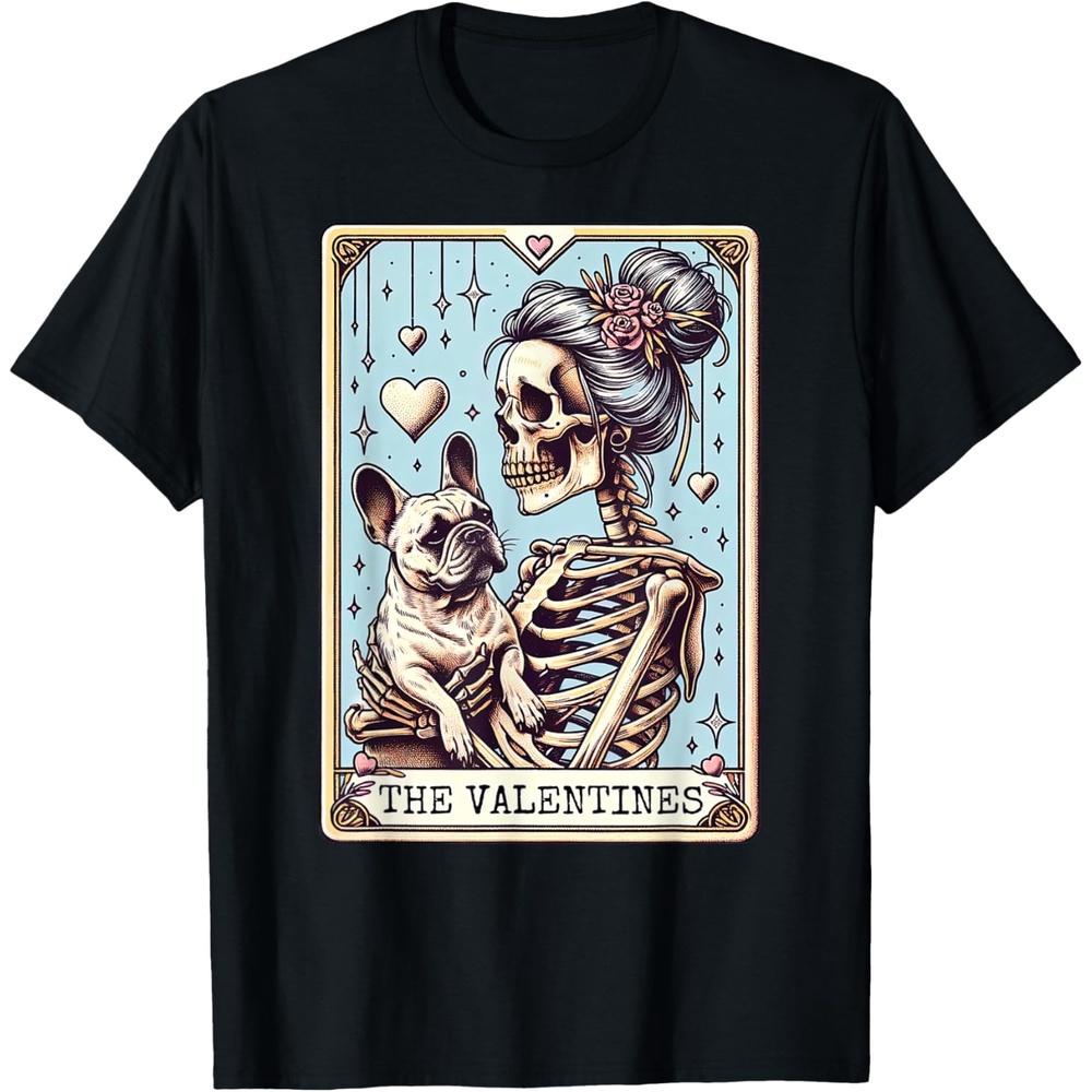 Retro French Bulldog Valentine s Day Frenchie Mom Tarot Card Cotton Men T Shirt XXL чёрный