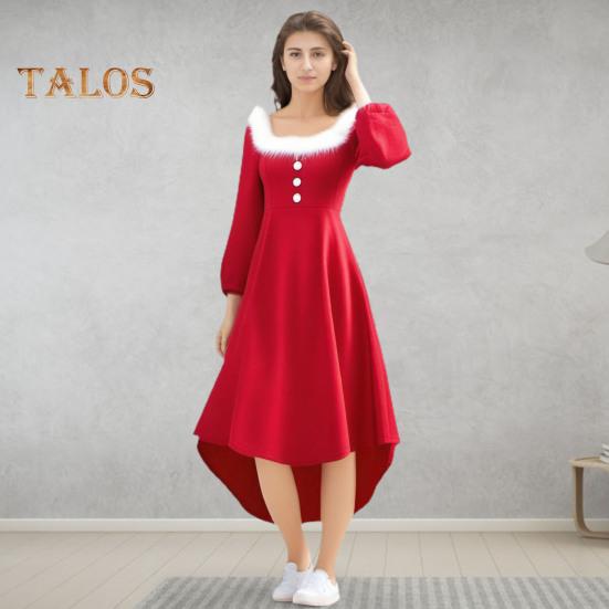 Christmas Performance Dress Fluffy Square Neck Pure Color A Line Irregular Hem Button Decor Festive Stage Show Santa Cosplay Costume New Year Party