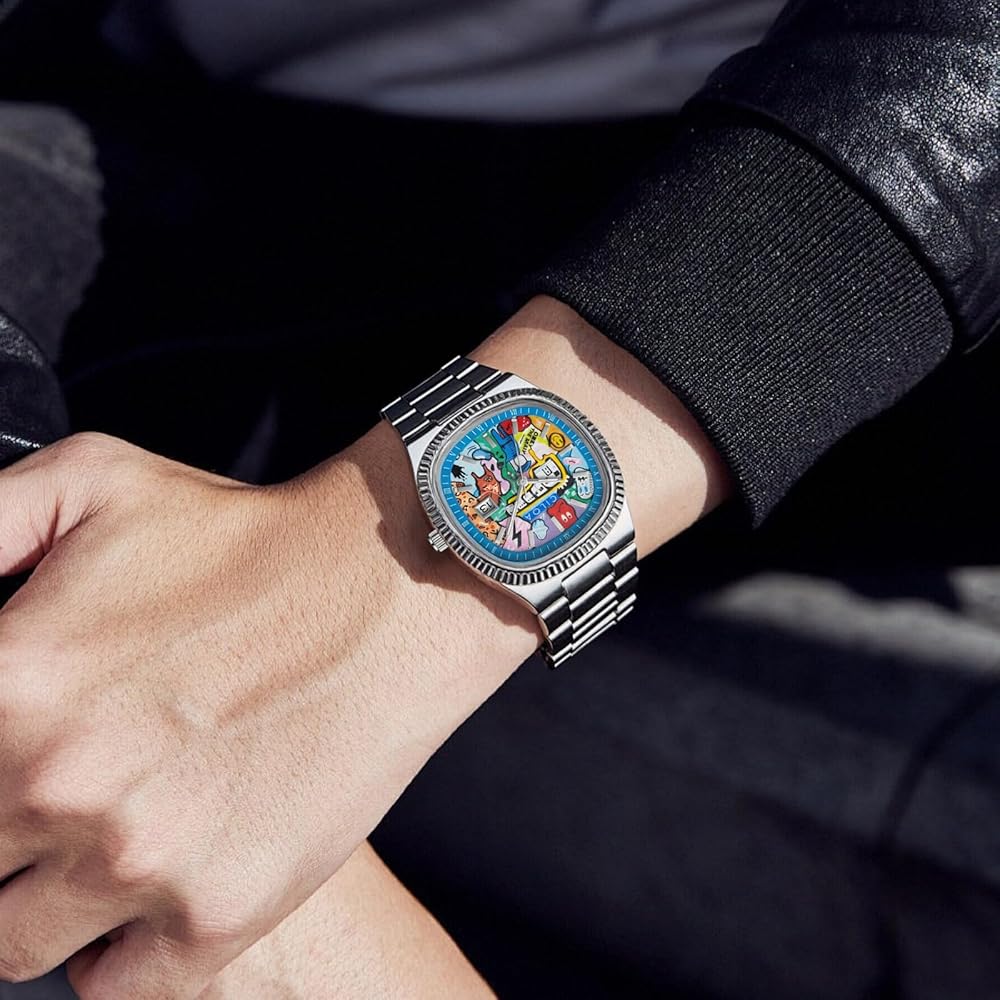 Silver Vintage Men's Watch with Date Display, Colorful Dial, Stainless Steel Bracelet, Water Resistant