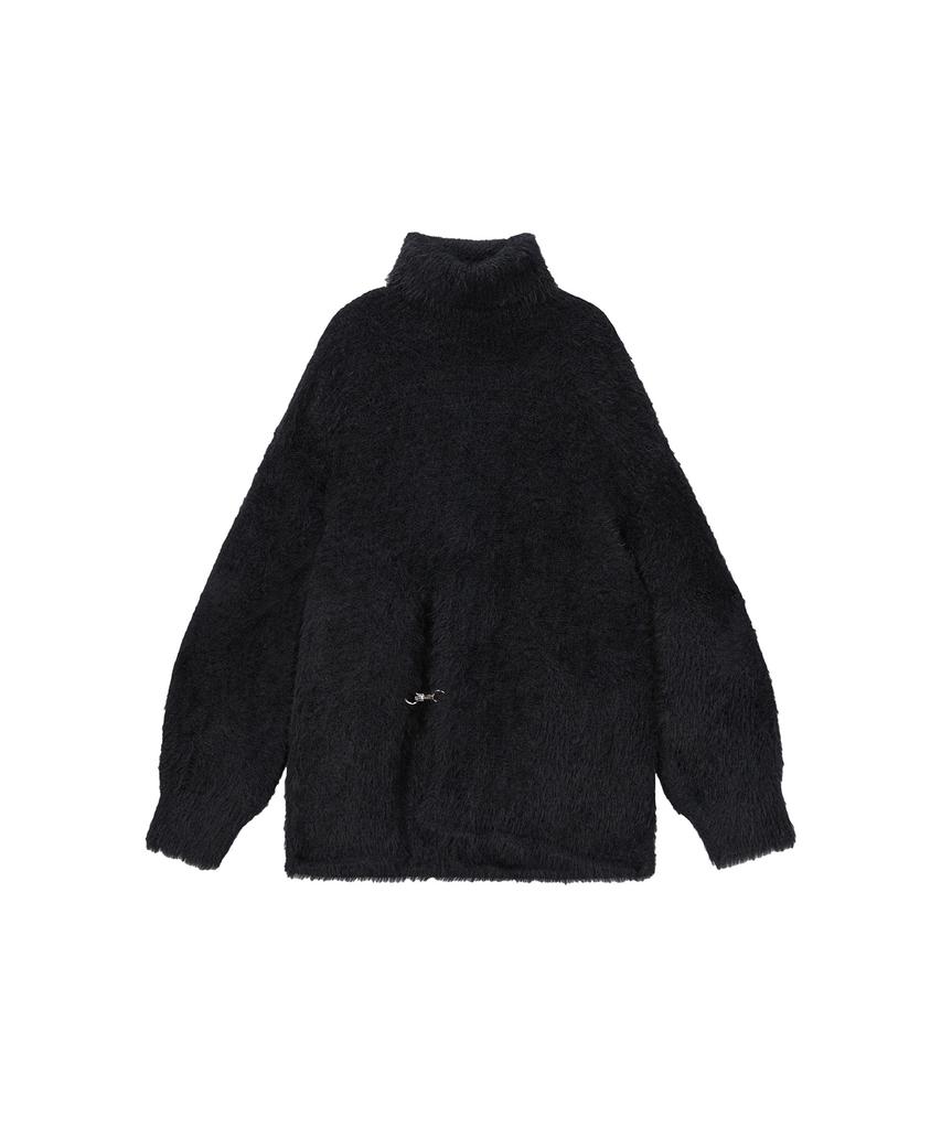 Teulimingbeodeu Front Slit Metal Hook High-Neck Fur Knit [ Black ]