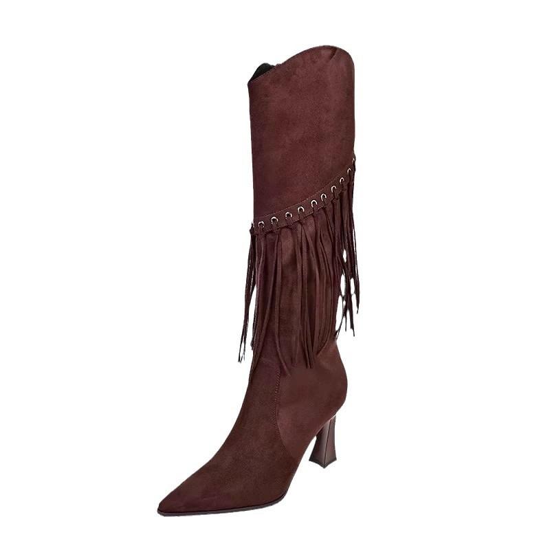 Autumn and winter new women's boots versatile wind knight boots fringed pointed head thin heel high heel boots women