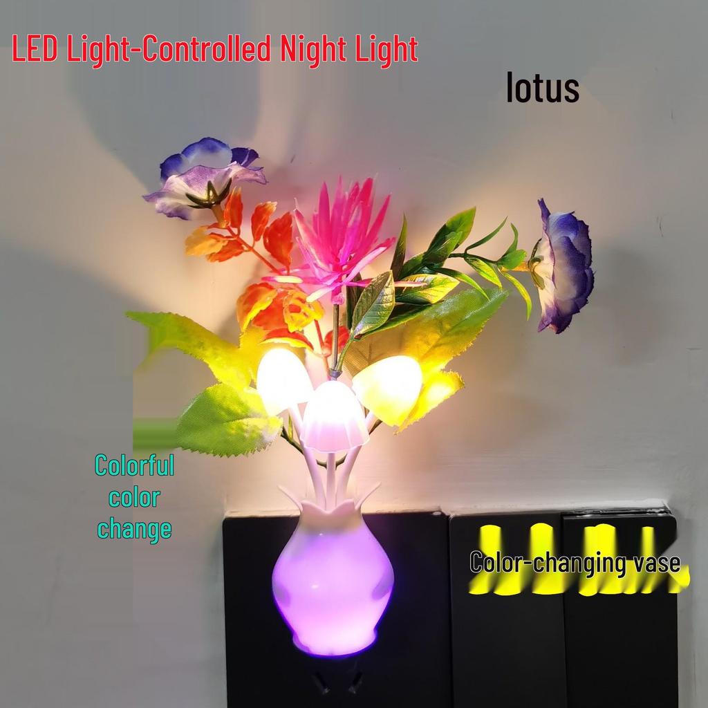 LED Energy-Saving Mushroom Lamp with Colorful Artificial Flowers and Night Light Vase