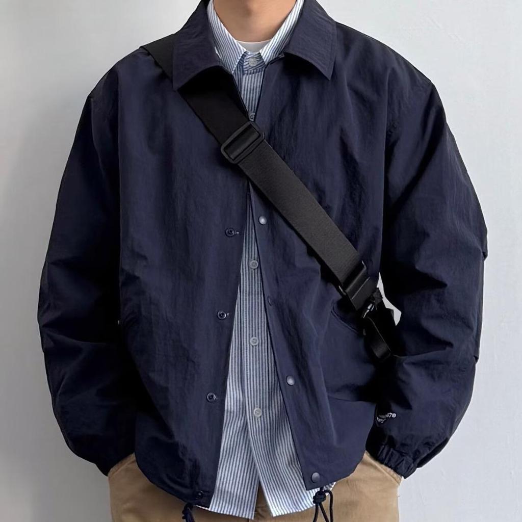 Men's Japanese Retro Turn-Down Collar Jacket - Solid Color, Casual Loose Fit for Spring and Autumn