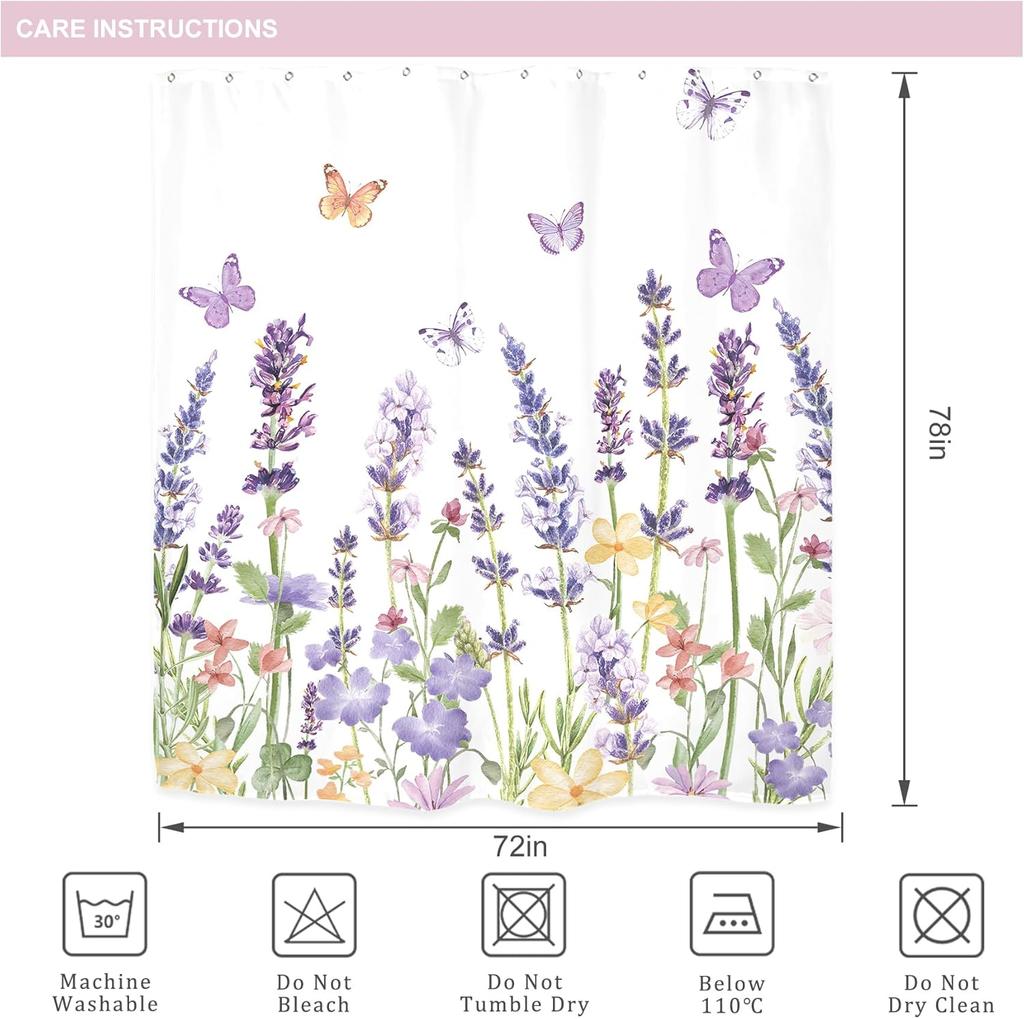 Purple Lavender Shower Curtain, Floral Wildflower Butterfly Print, Waterproof Polyester Bathroom Decor