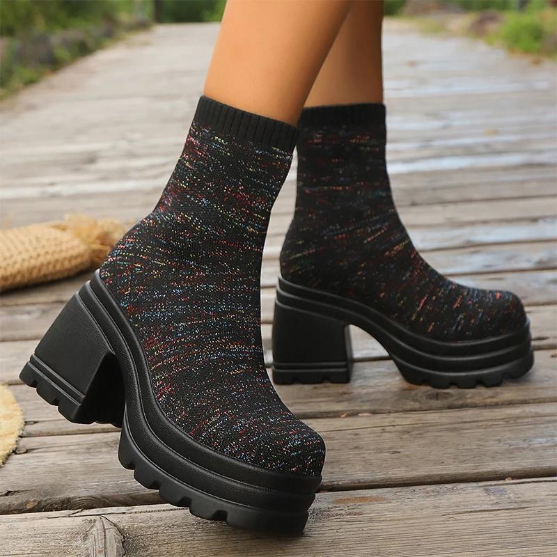 Fashion High Heels Women Sock Boots Ankle Winter Knitting Shoes Chunky 2024 Platform Fashion Walking Chelsea Boots New Mujer Zapatos