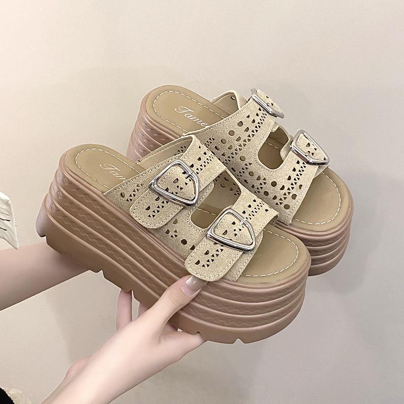 Fashion 8CM Summer Women Hollow Out Beach Slippers New Ladies Wedge Heels Leather Flip-Flops Woman High Platform Outside Sandals 2024