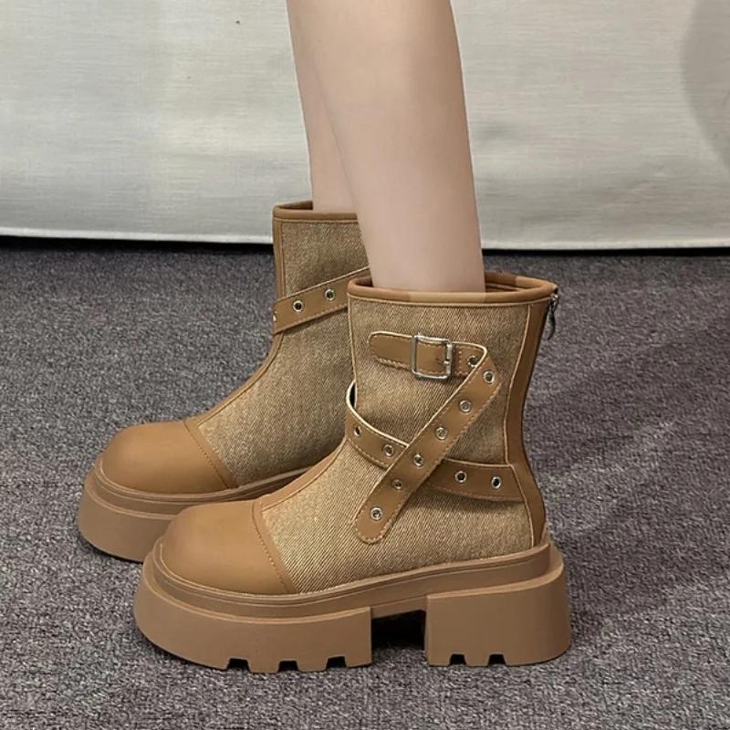 Fashion Winter Fashion Motorcycle Ankle Women Boots 2024 New Flats Platform Casual Shoes Trend Sports Leather Walking Woman Snow Boots