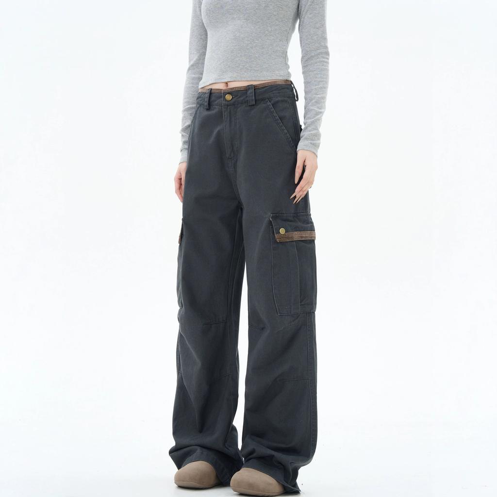 American retro gray overalls men's and women's summer loose straight pants wide-leg casual pants paratrooper pants tide