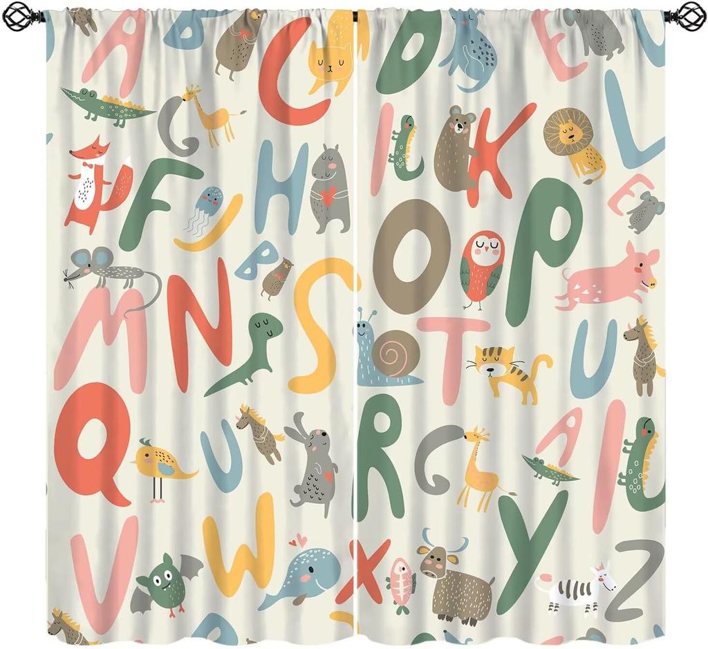 Funny Education Alphabet Abc Curtains,Cartoon Kids Learning Letters Watercolor Decor Rod Pocket Window Treatments For Boy Baby