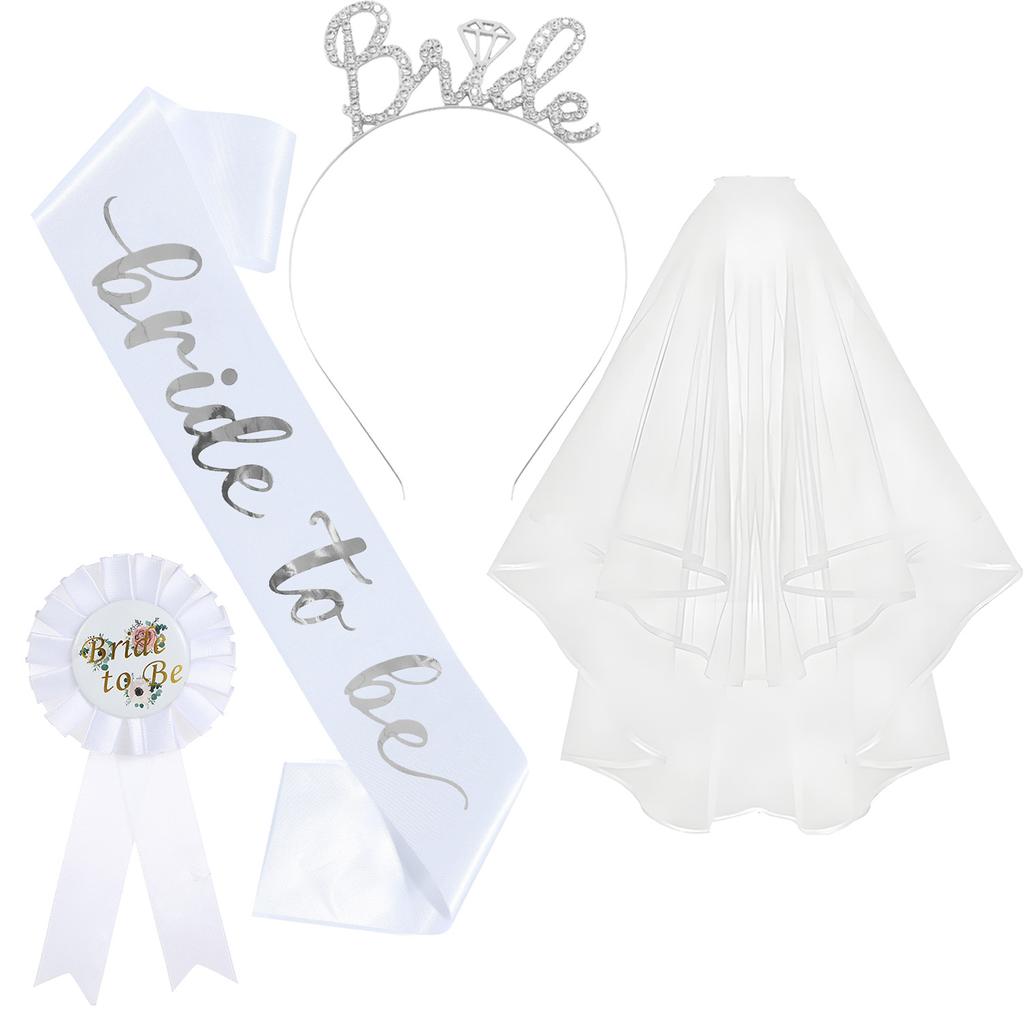 4-piece set for singles parties, including bridal headbands, shoulder straps, headbands, badges, and a set, bride to be, Wedding veil
